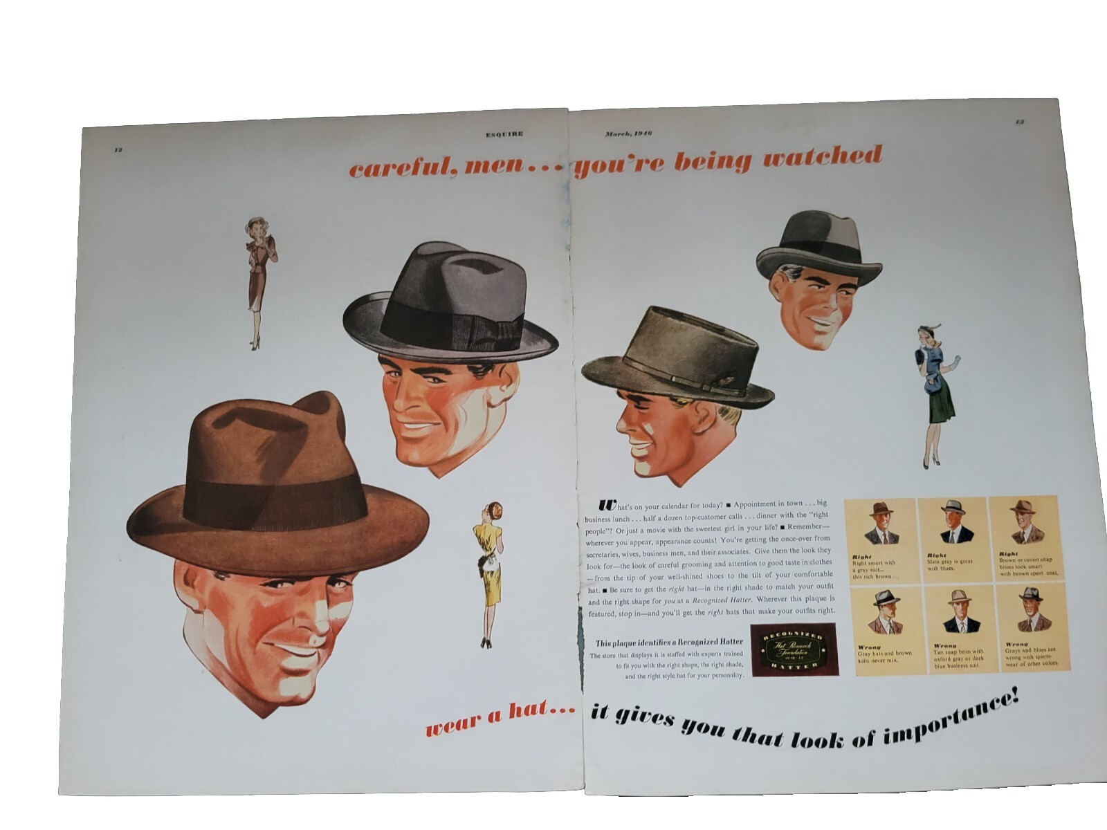 1946 Men\'s Hat Research Foundation Fashion Vintage Two Page Ad 