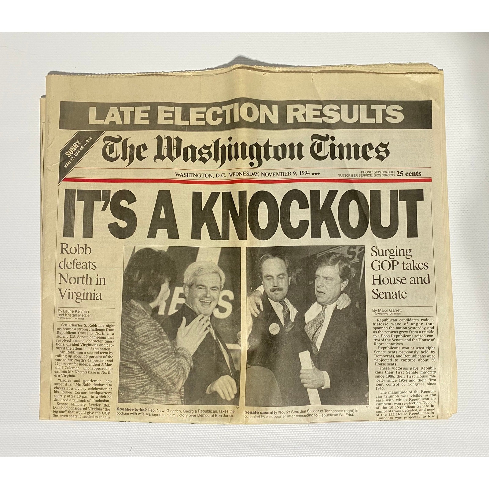 Washington Times Newspaper Nov 9 1994 Election Results Republican Revolution
