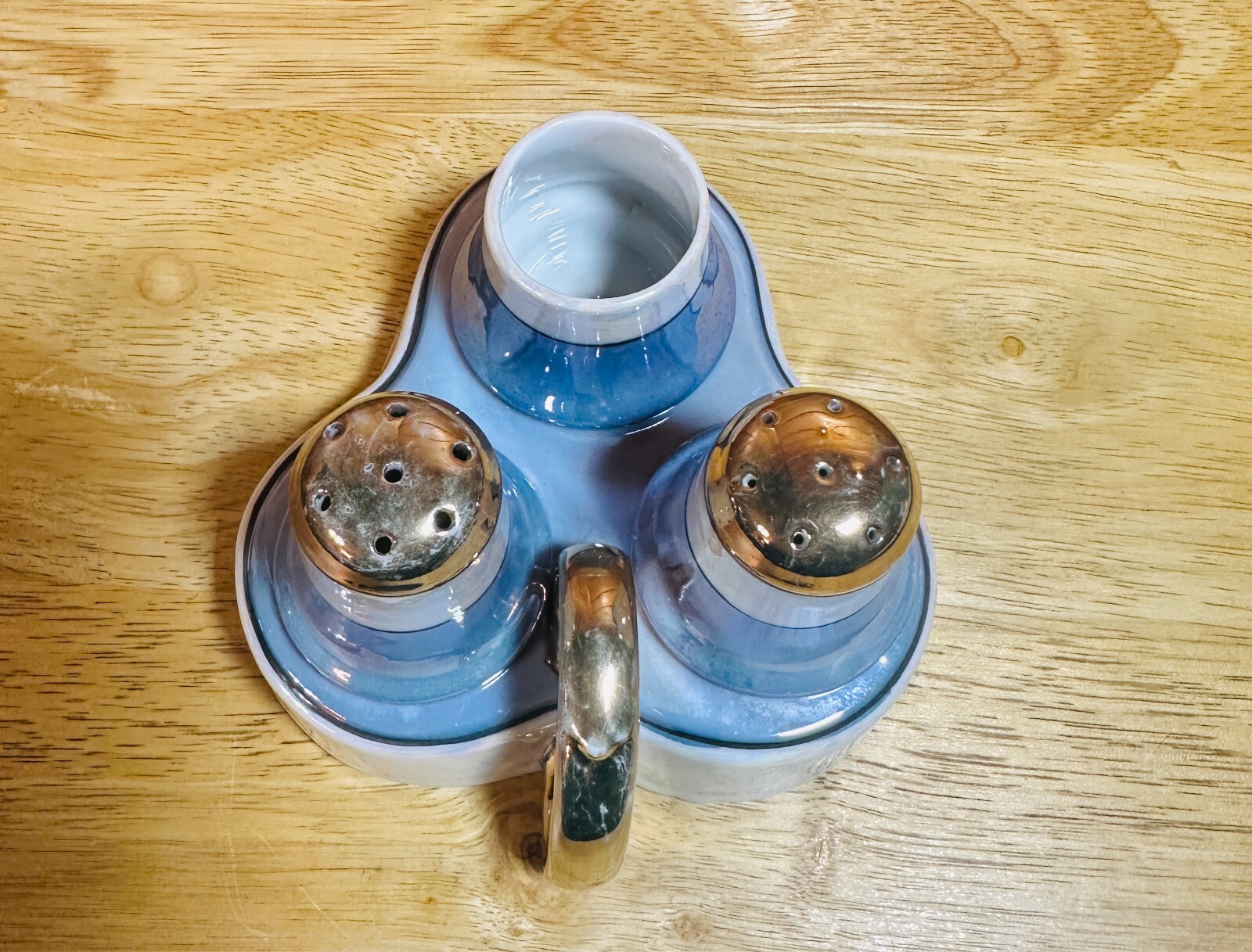 Antique Tashiro Shoten Luster Ware Salt, Pepper & Condiment Set w/ Holder Japan