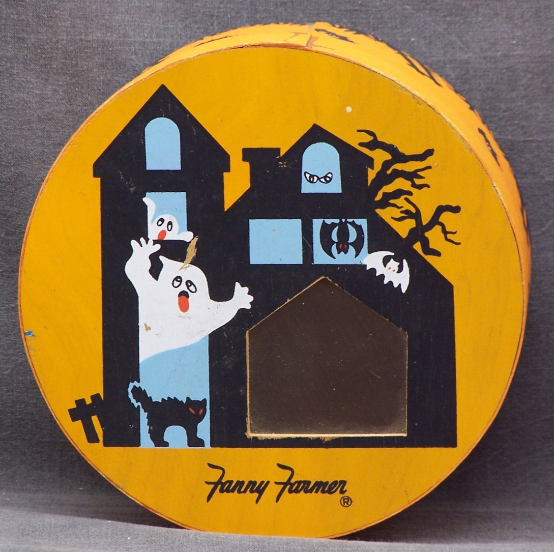 Vintage Fanny Farmer Halloween Round Wooden Box Haunted House Black Cat Ghosts