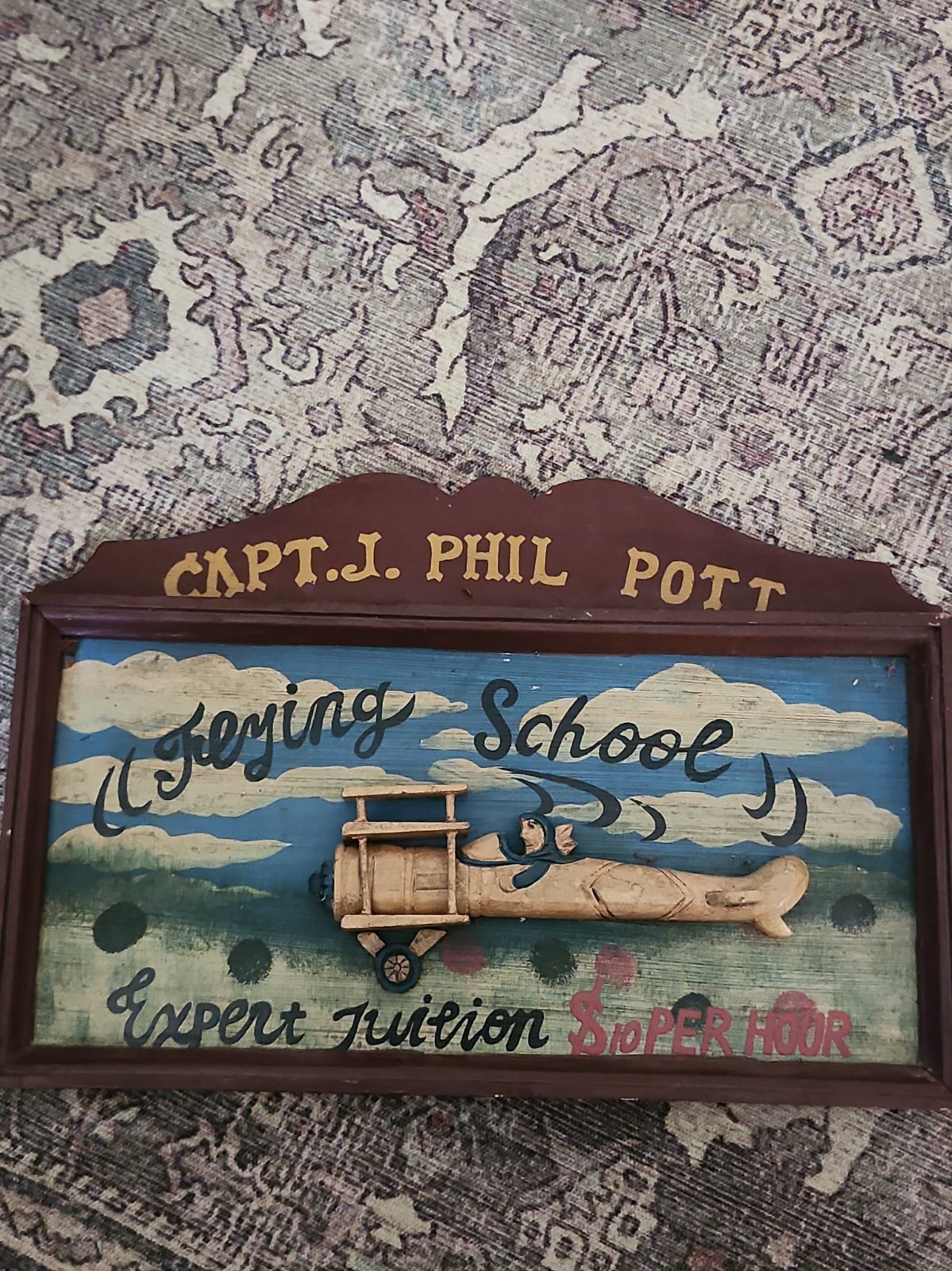 Vintage Capt. J. Phil Pott Flying School Wooden Hanging Sign - 3D Aviation Art Vintage Capt. J. Phil Pott Flying School Wooden Hanging Sign - 3D Aviation Art