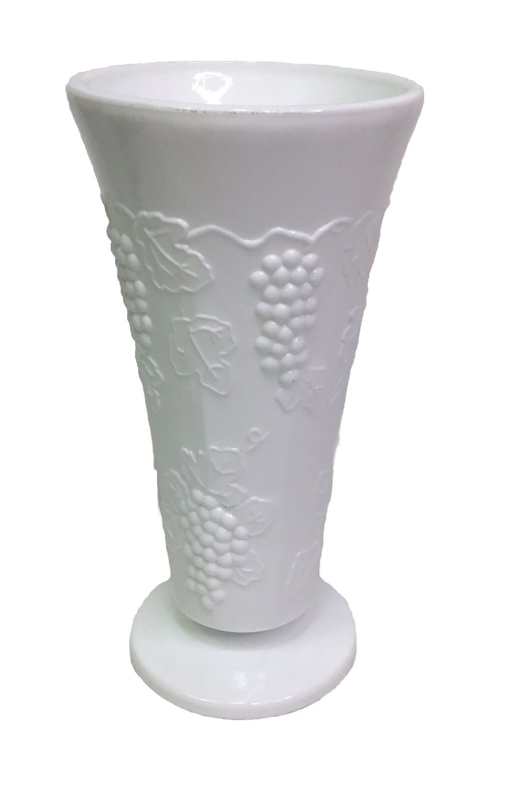 Indiana Milk Glass Harvest Grapes Flower Vase Embossed Pedestal 7.5”
