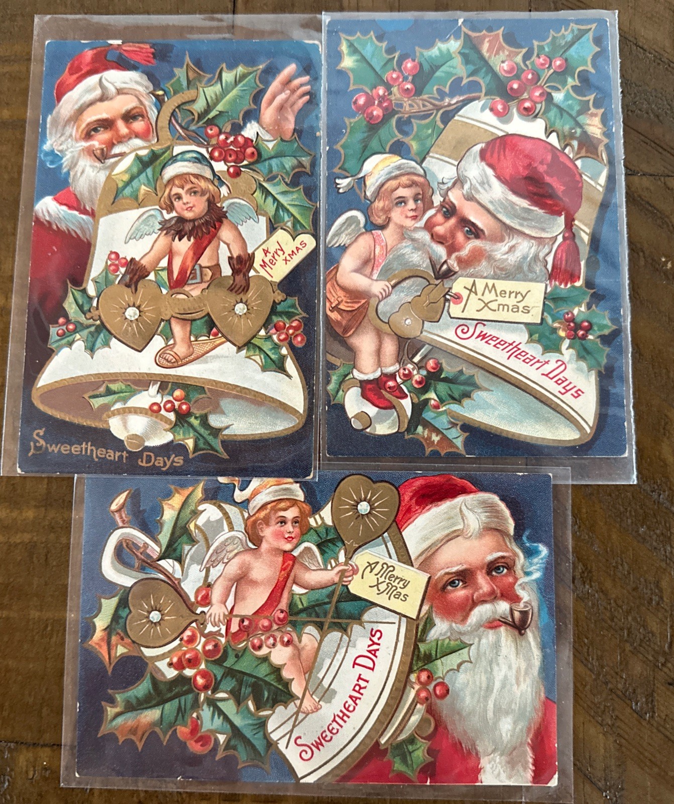 Lot of 3 ~Santa Claus Bells~Angels Sweetheart Days 1910 Christmas Postcards~p953