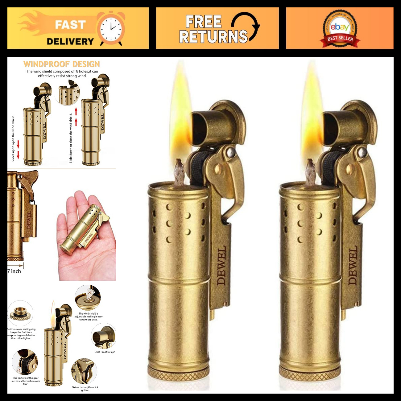 2 Pack Vintage Trench Lighter Set - Cool Copper Wheel, Windproof, Reusable, Uniq