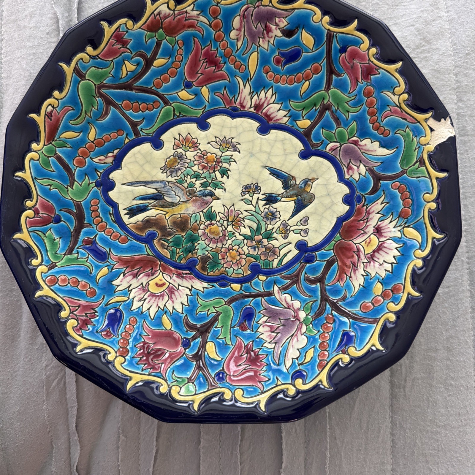Vintage Longwy Enamel Plate Bird Motif Deco A La Main Signed Justin Marin F3123