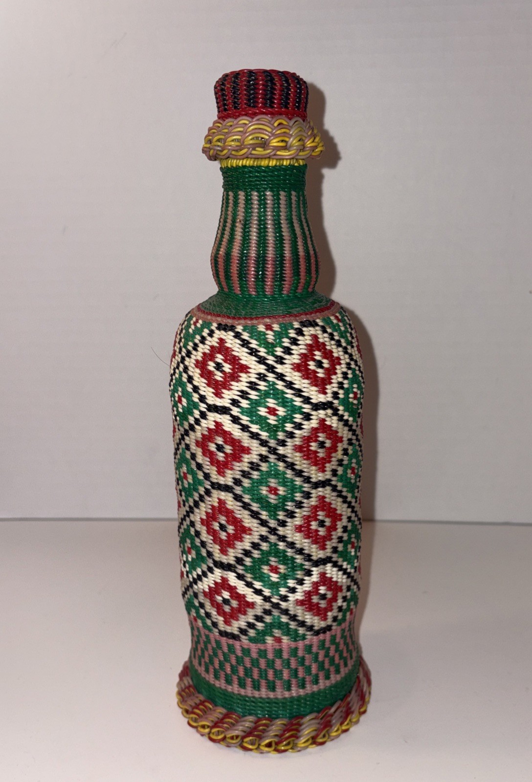 Vintage Viresa Scoubidou Wine Bottle & Cap Plastic Woven Wicker Spain Colorful