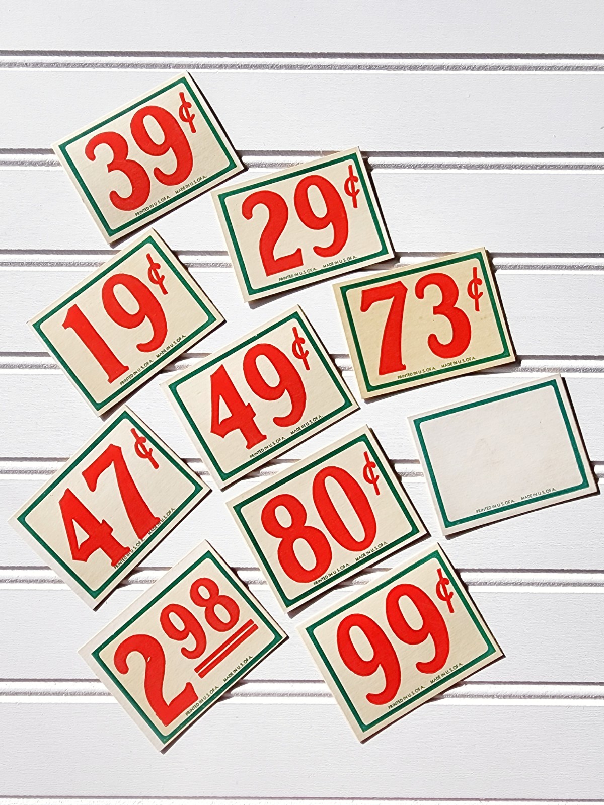 Set of 10 Vintage Country Store Red & Green Price Tags 1930s Made Printed In USA