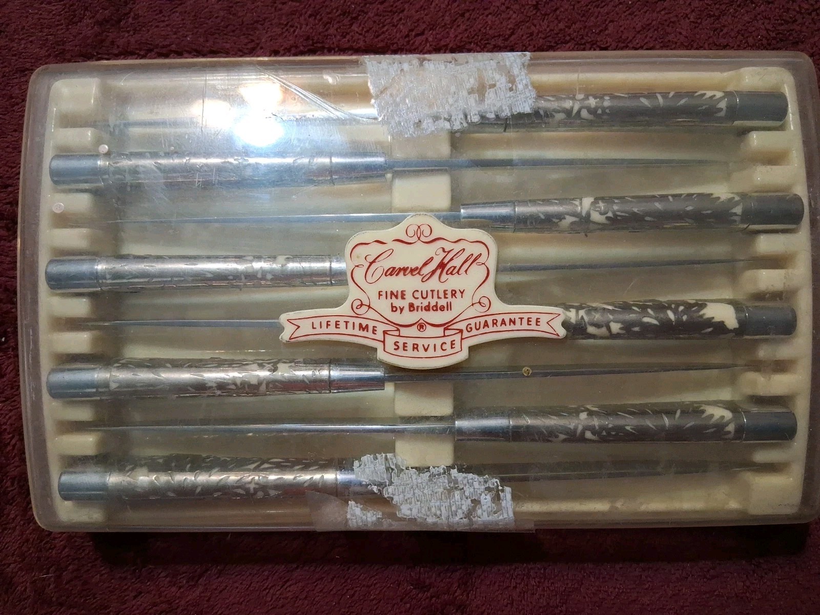 8 VTG Carvel Hall by BRIDDELL STEAK KNIVES w OVERLAY Handle in OG Box