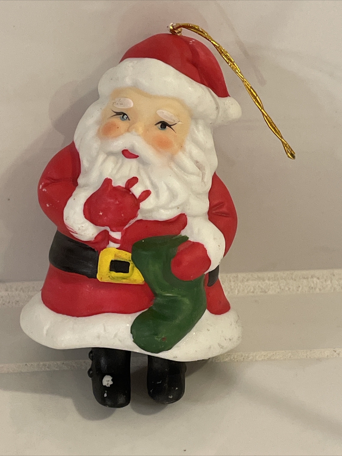 Santa Claus Porcelain Bell Christmas Ornament w/Dangling Legs Taiwan Giftco Vtg