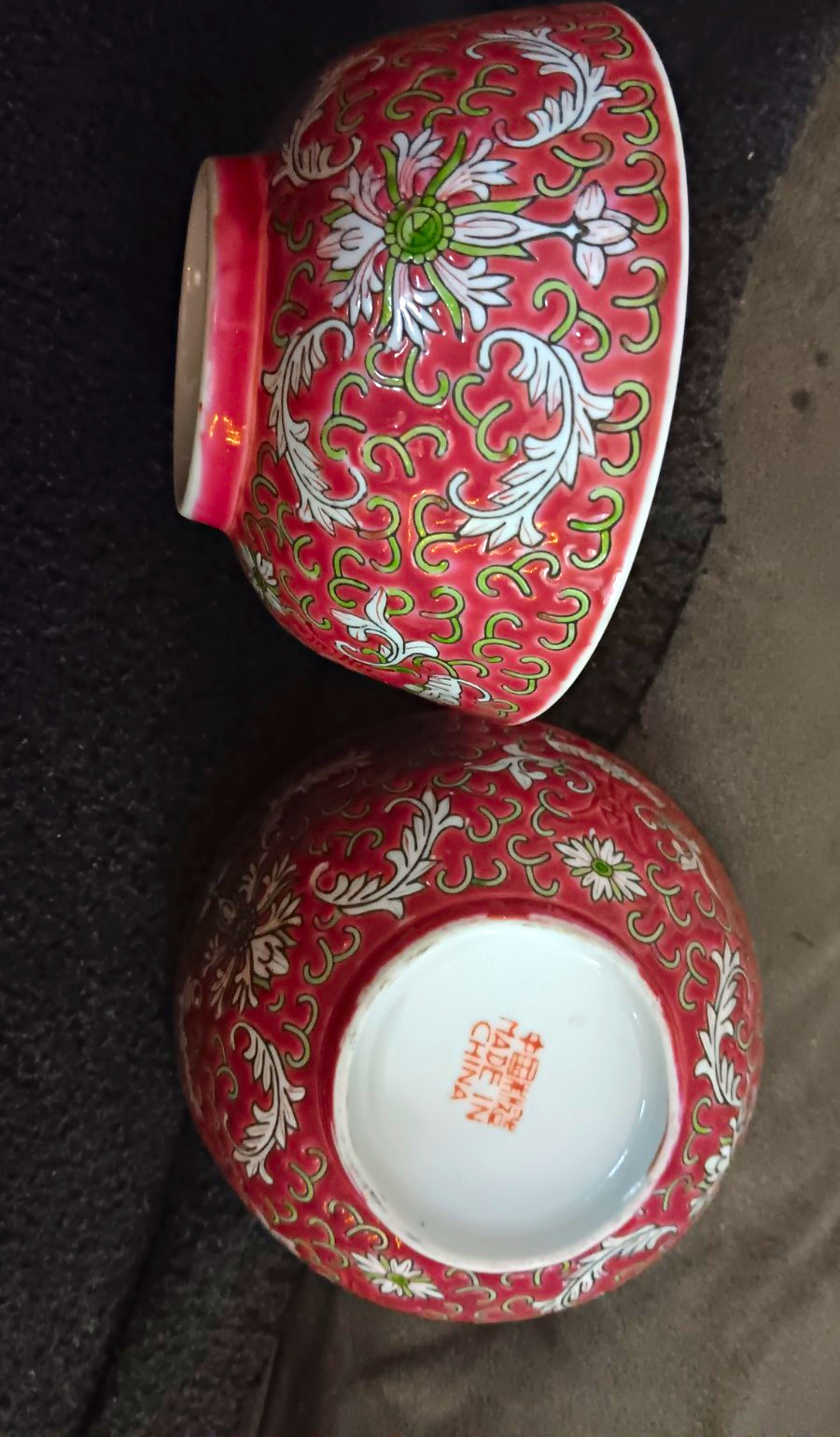 2pc Chinese Porcelain Bowls Red Floral Scroll, \