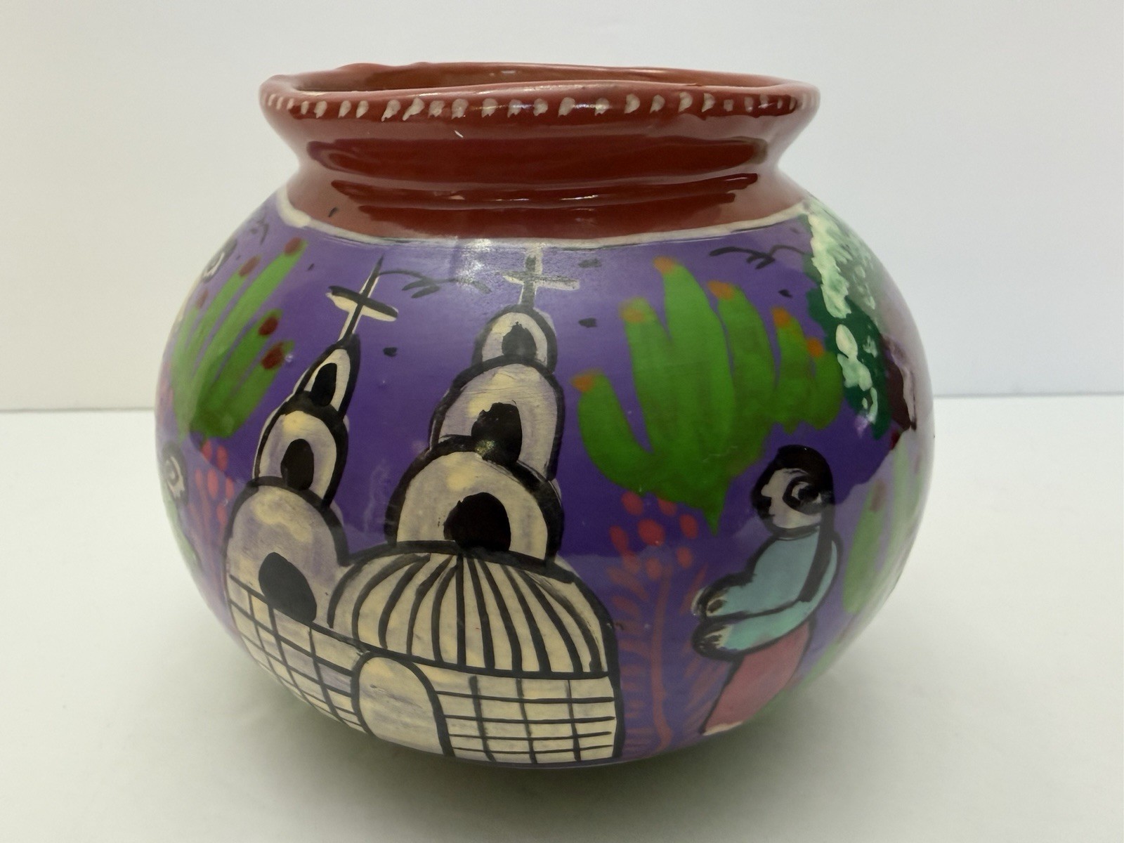 Mexican Red Clay Pottery Planter Vase Hand Painted Gloss Finish