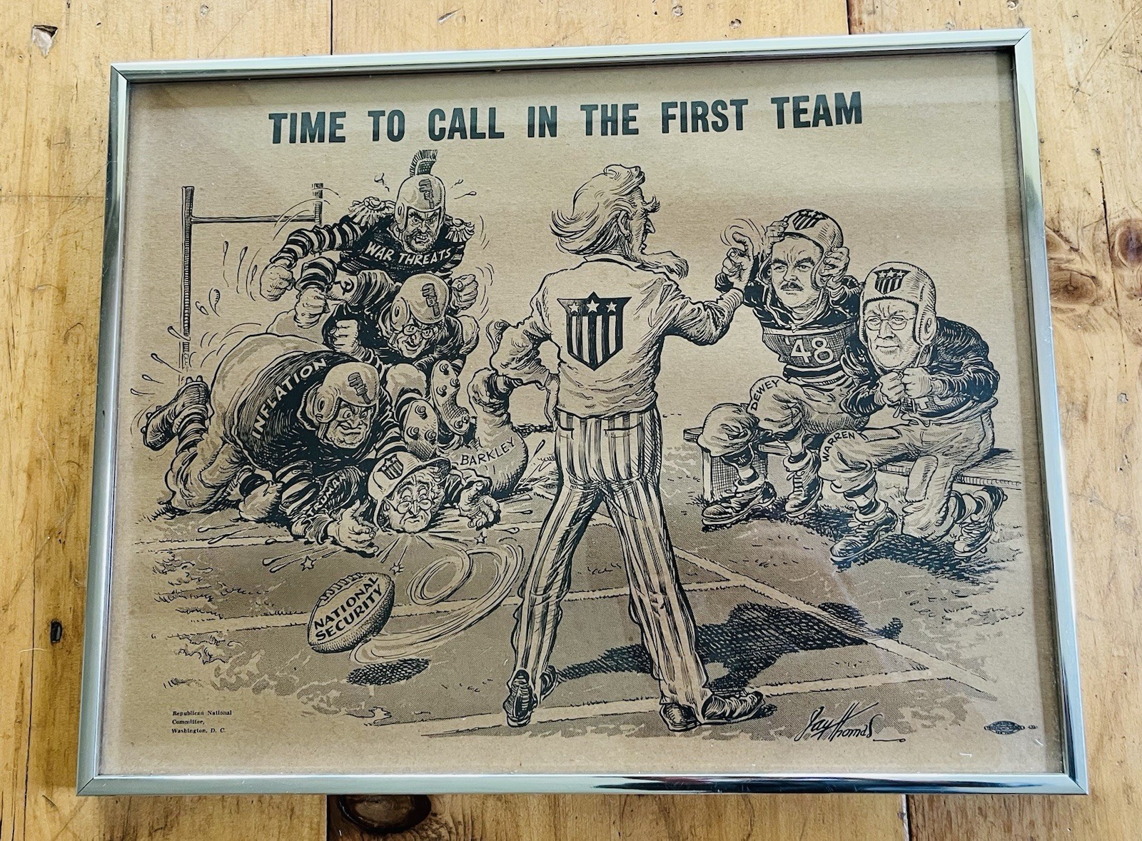 RARE VINTAGE DEWEY & WARREN 1948 UNCLE SAM FOOTBALL POSTER, FRAMED