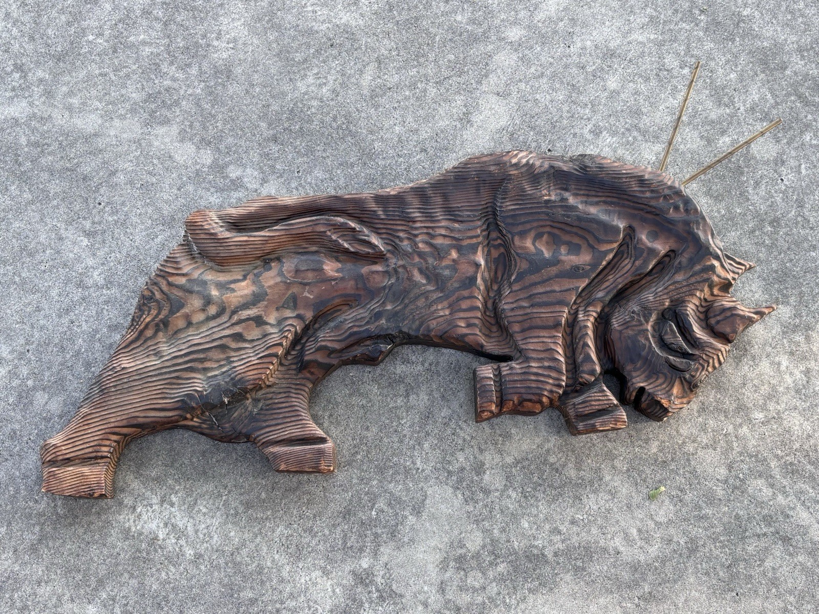 Vintage WITCO / Style WALL ART BULL MCM Carved Burnt Wood Brutalist Tiki 35x15