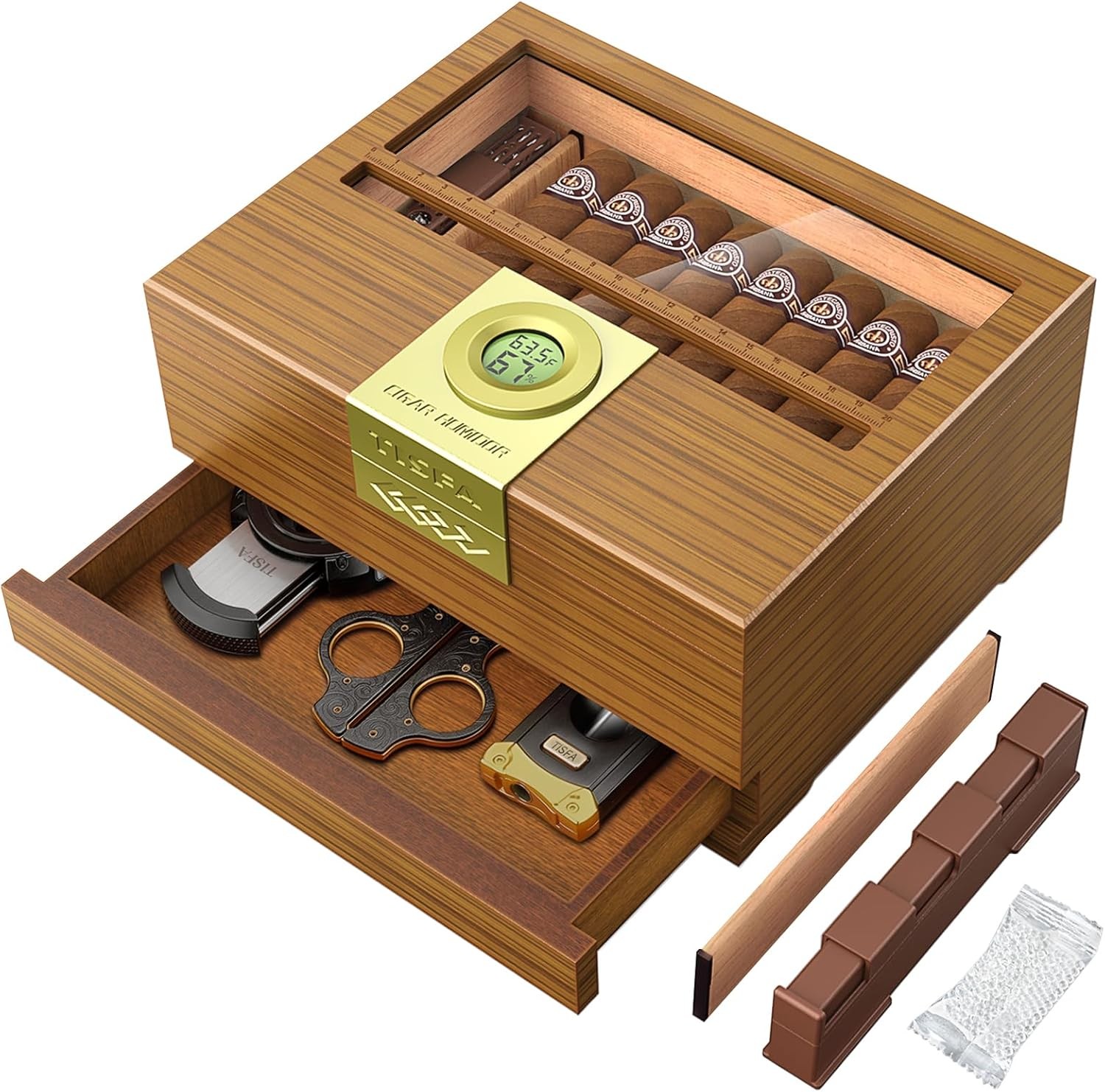 Cigar Box Handcrafted Humidor with Hygrometer and Humidifier, Cedar Wooden