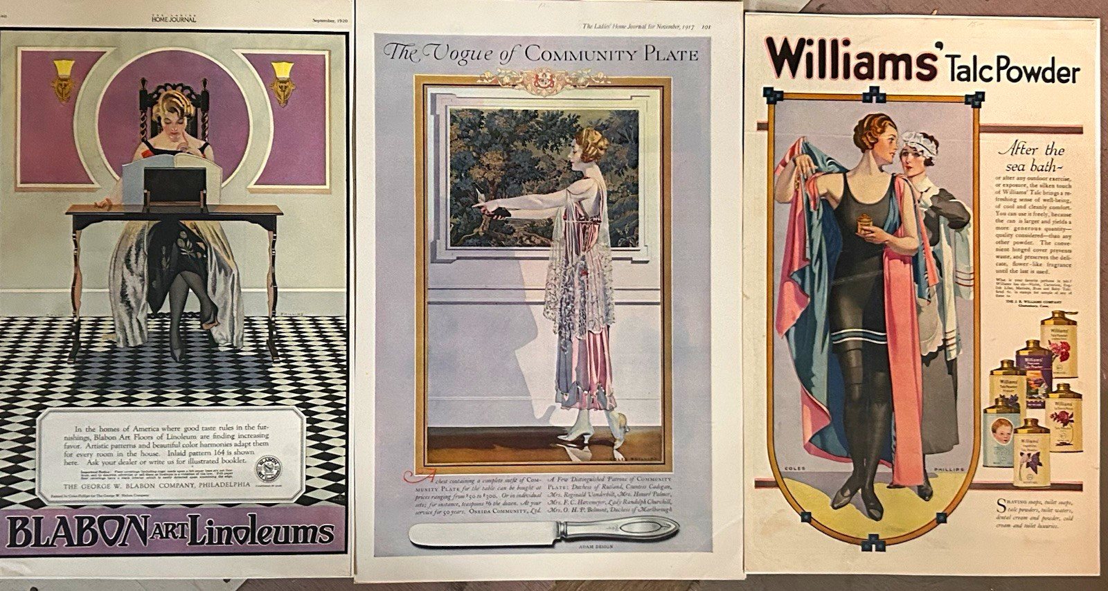 Lot of 3 1917, 1920 Print Ads, large, vintage