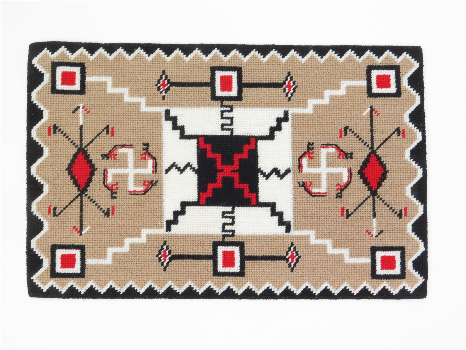 Vintage Needlepoint Rug w/ Navajo Storm Pattern Red, Black White 17\