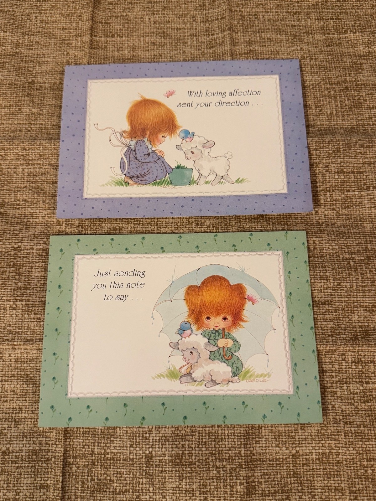 Vintage Carole Greeting Cards Set of 2, Girl Lamb Bluebird Illustrations, Cute W