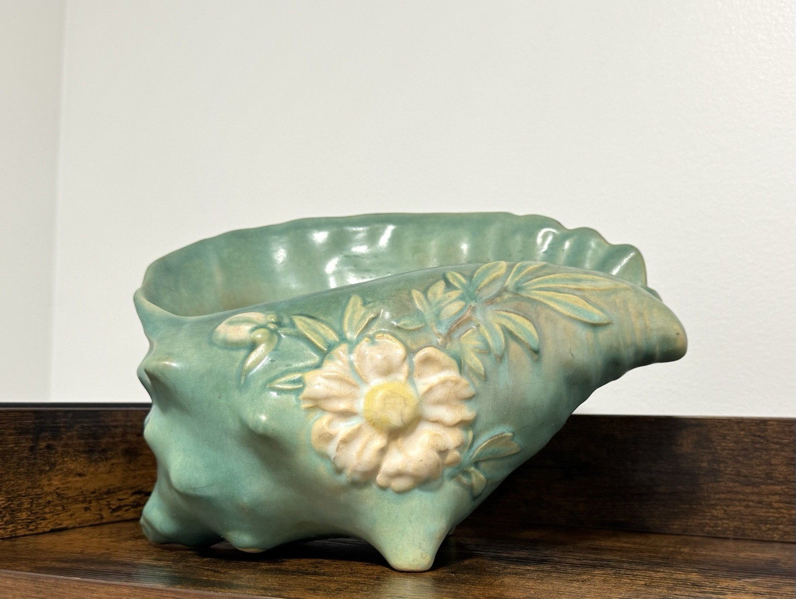 Roseville Pottery Conch Shell Planter Green Peony