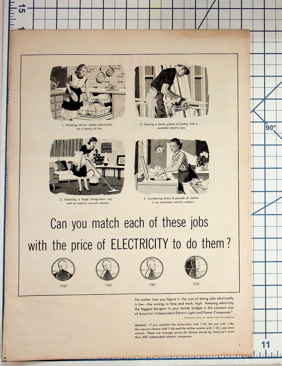 1956 Electricity Cost Ad Vintage Magazine Print Ephemera Home Appliances