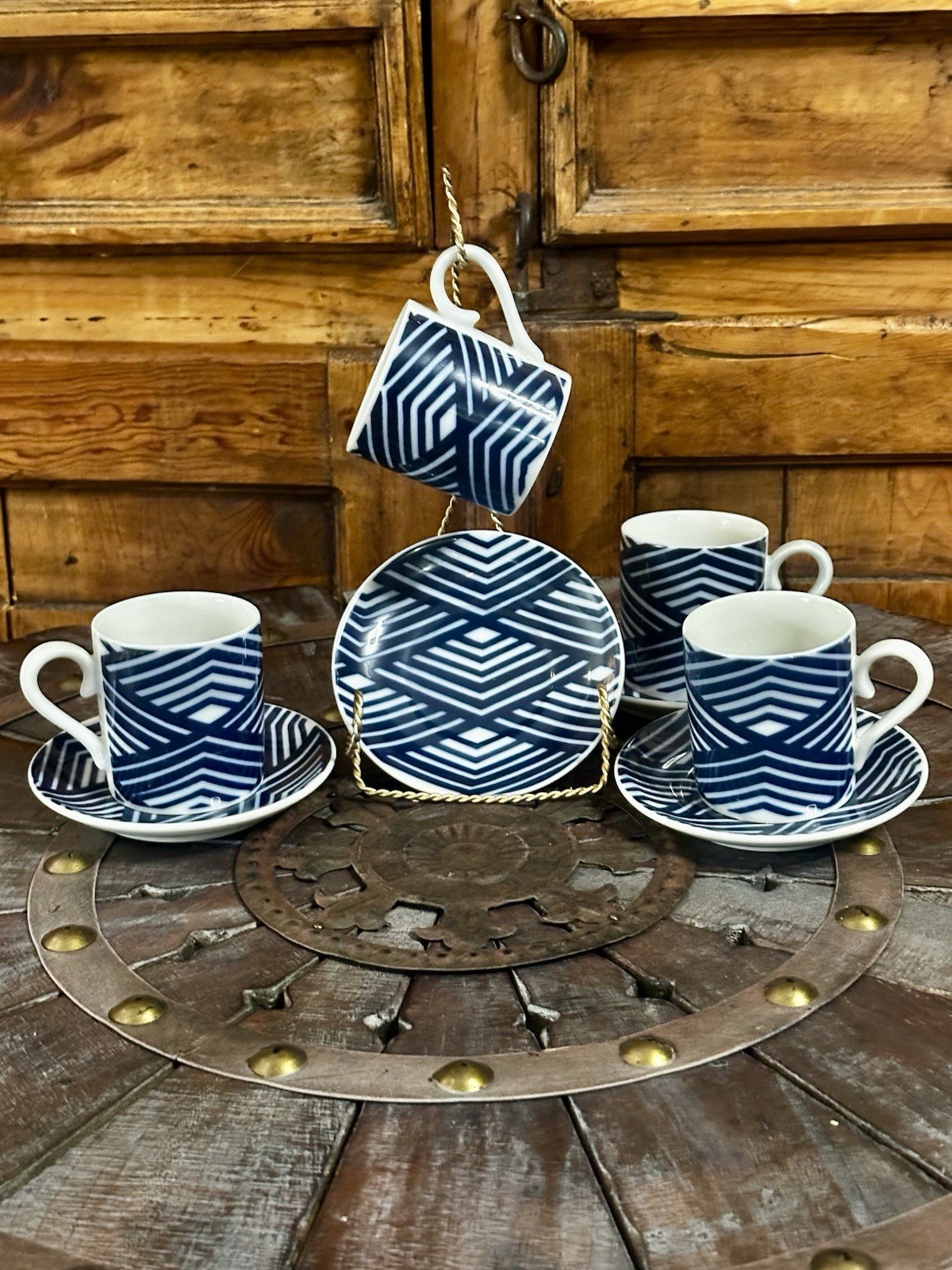 VTG Sato/Gordon Design 8-Piece Blue/White Geometric Demitasse Teacups/Saucers