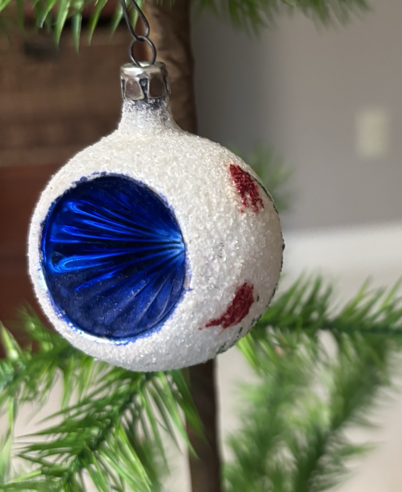 Vintage Glass Blue Indent Mica Coated Small Ornament Poland Sweet 