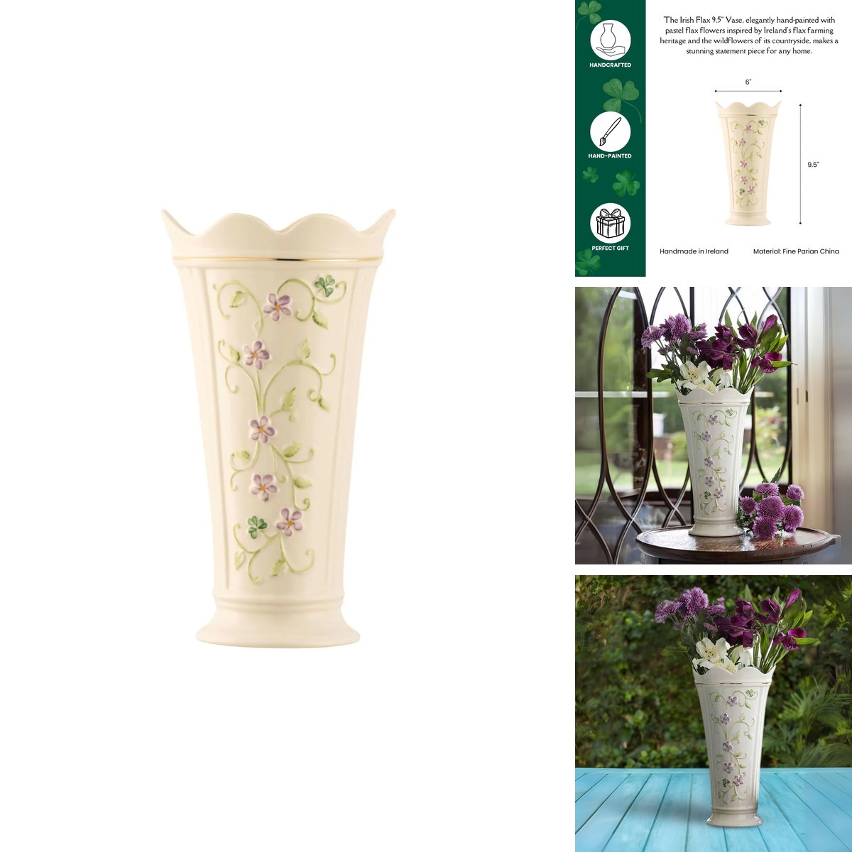 Belleek Classic Irish Flax Vase 9.5in Parian China Made in Ireland
