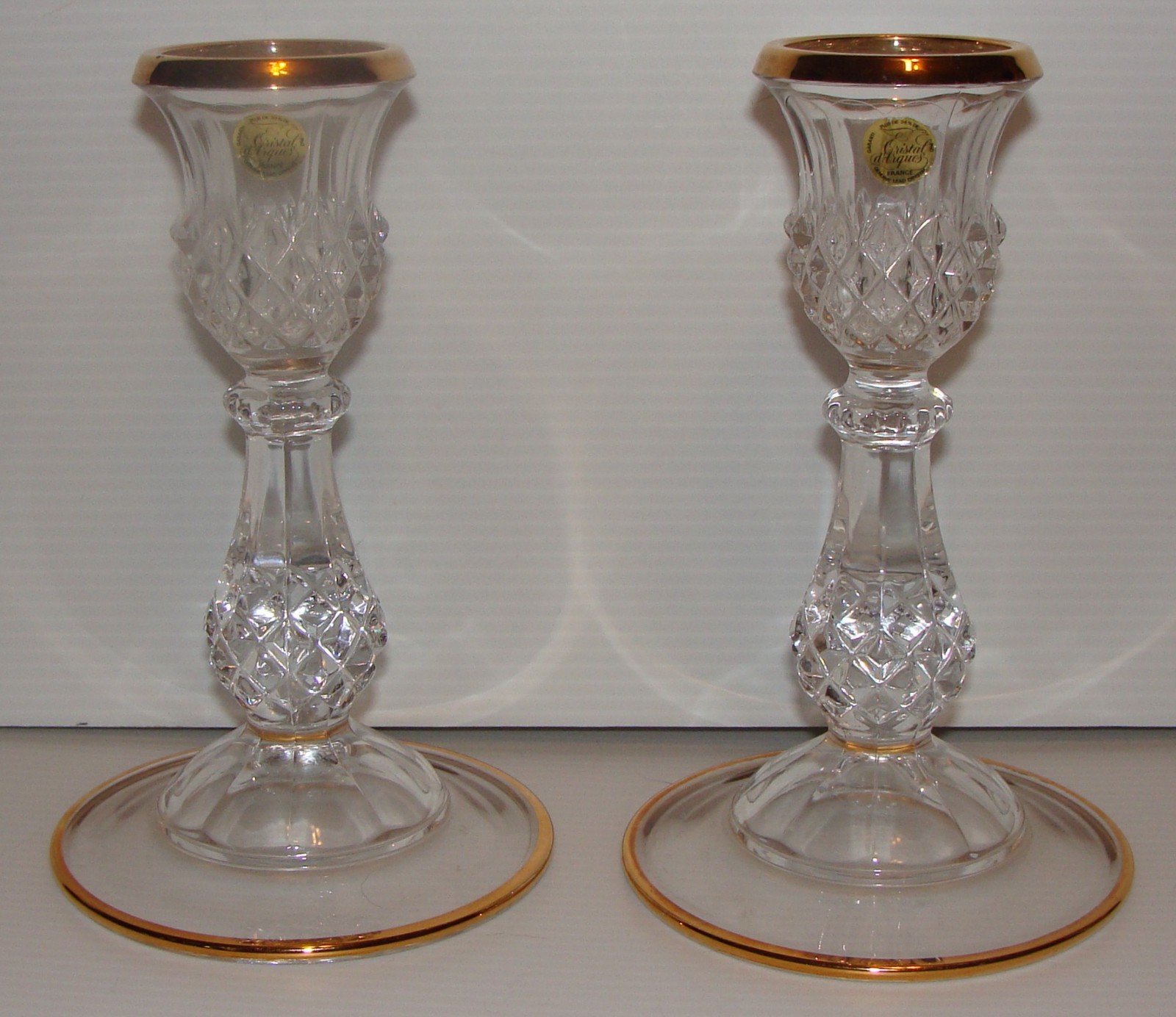 Vtg Cristal D\'Arques Lead Crystal Candle Holder Set 2, Gold Trim, Made in France