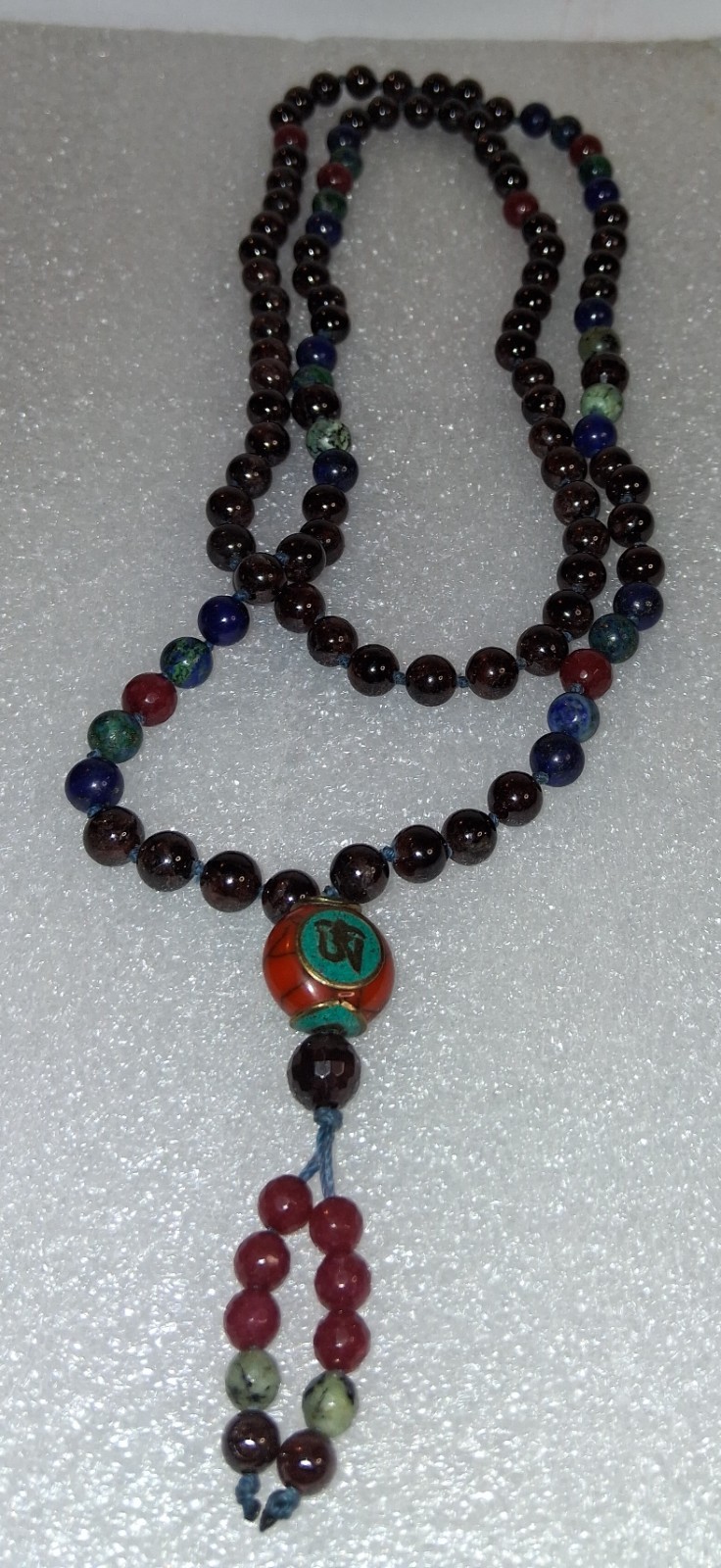 Fire of Love Third Eye Vision Mala Garnet & Azurite Tibetan Om Prayer Bead 