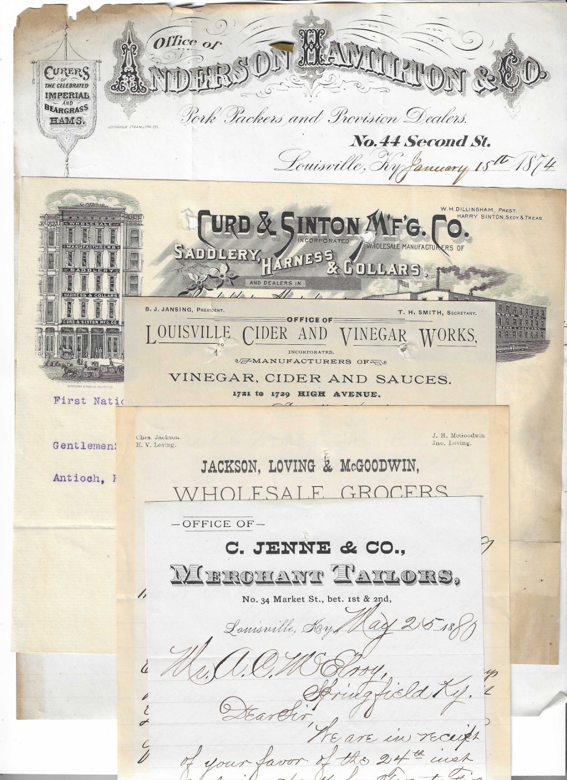 (5) Late 1800s Louisville KY Letterheads: Saddlery, Tailors, Pork Packers Etc