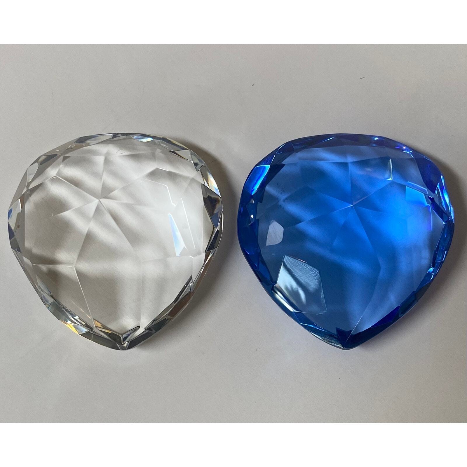 Pair Blue & Clear Heart Shape Paperweight Cut Glass Gemstone 978A