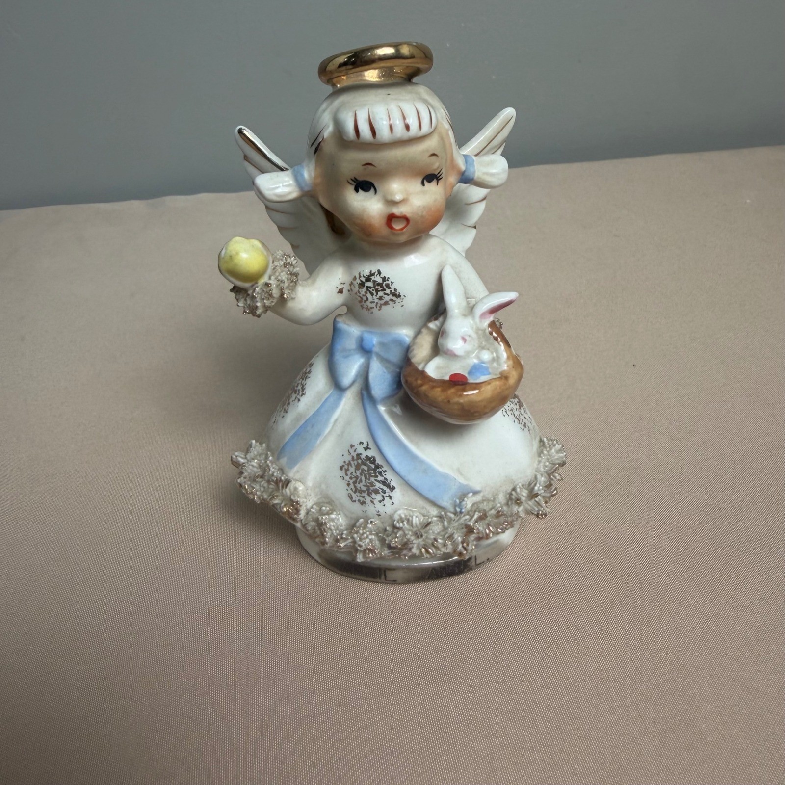 Vintage Lefton April Angel Figurine AR1987 Birthday Easter Bunny Spaghetti Trim