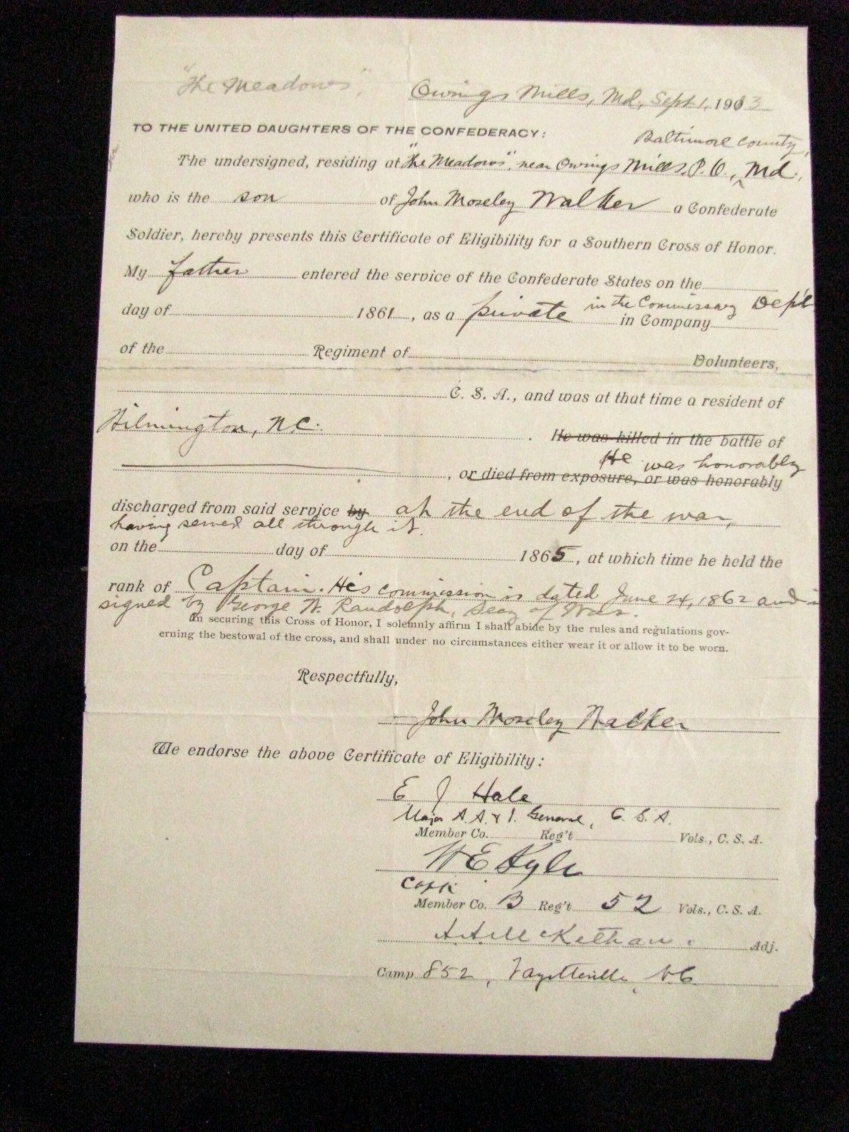 CIVIL WAR FAYETTEVILLE NORTH CAROLINA SGD CSA NOTABLE SGD SOLDIER CROSS OF HONOR
