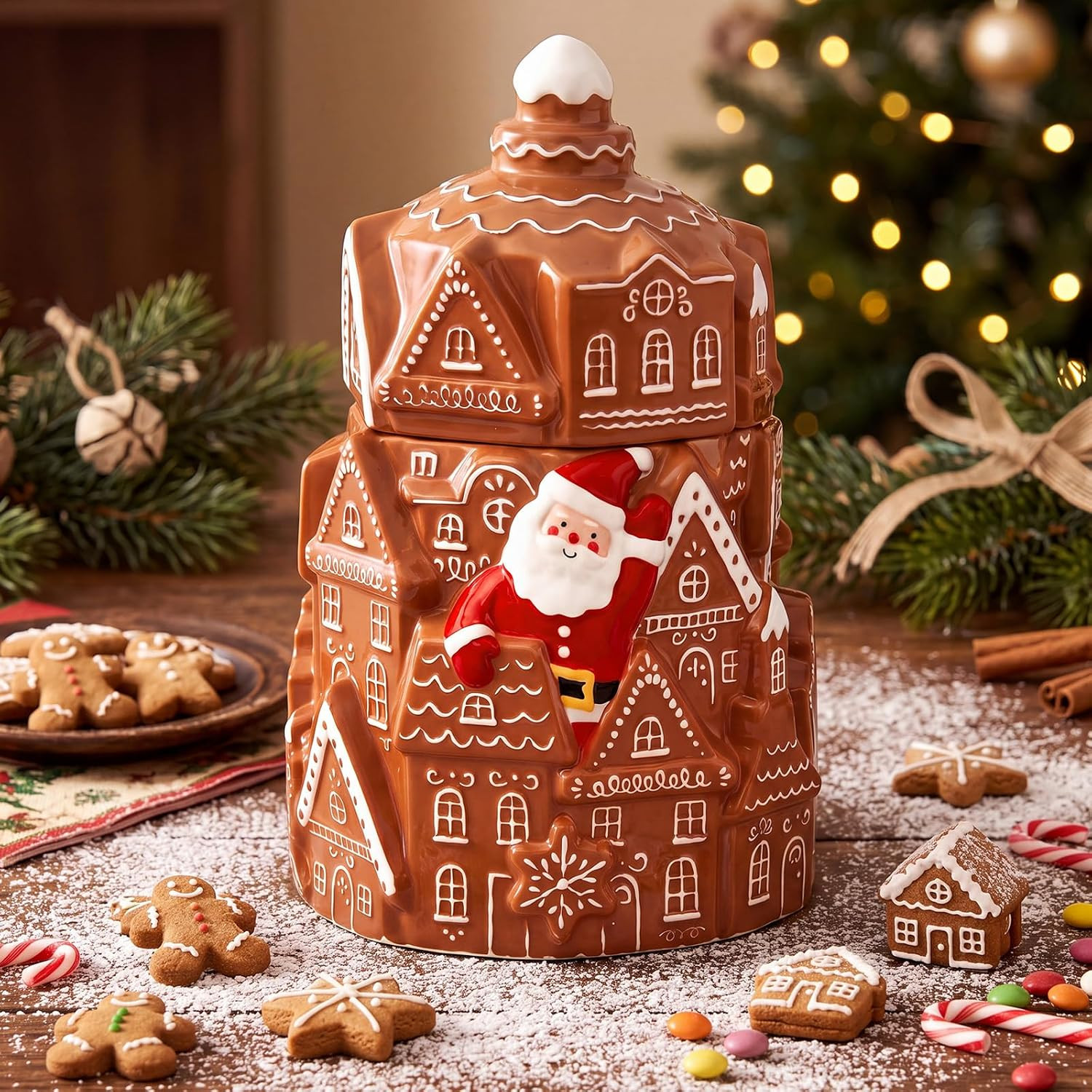 Vesici Christmas Gingerbread House Cookie Jar with Lid, 8 Inch Ceramic