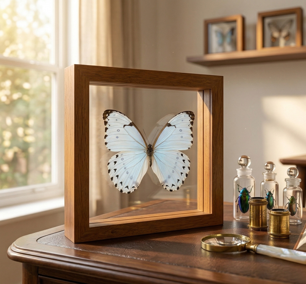 Real White Morpho Butterfly 7x7 Double Glass Floating Frame Morpho Catenaria New