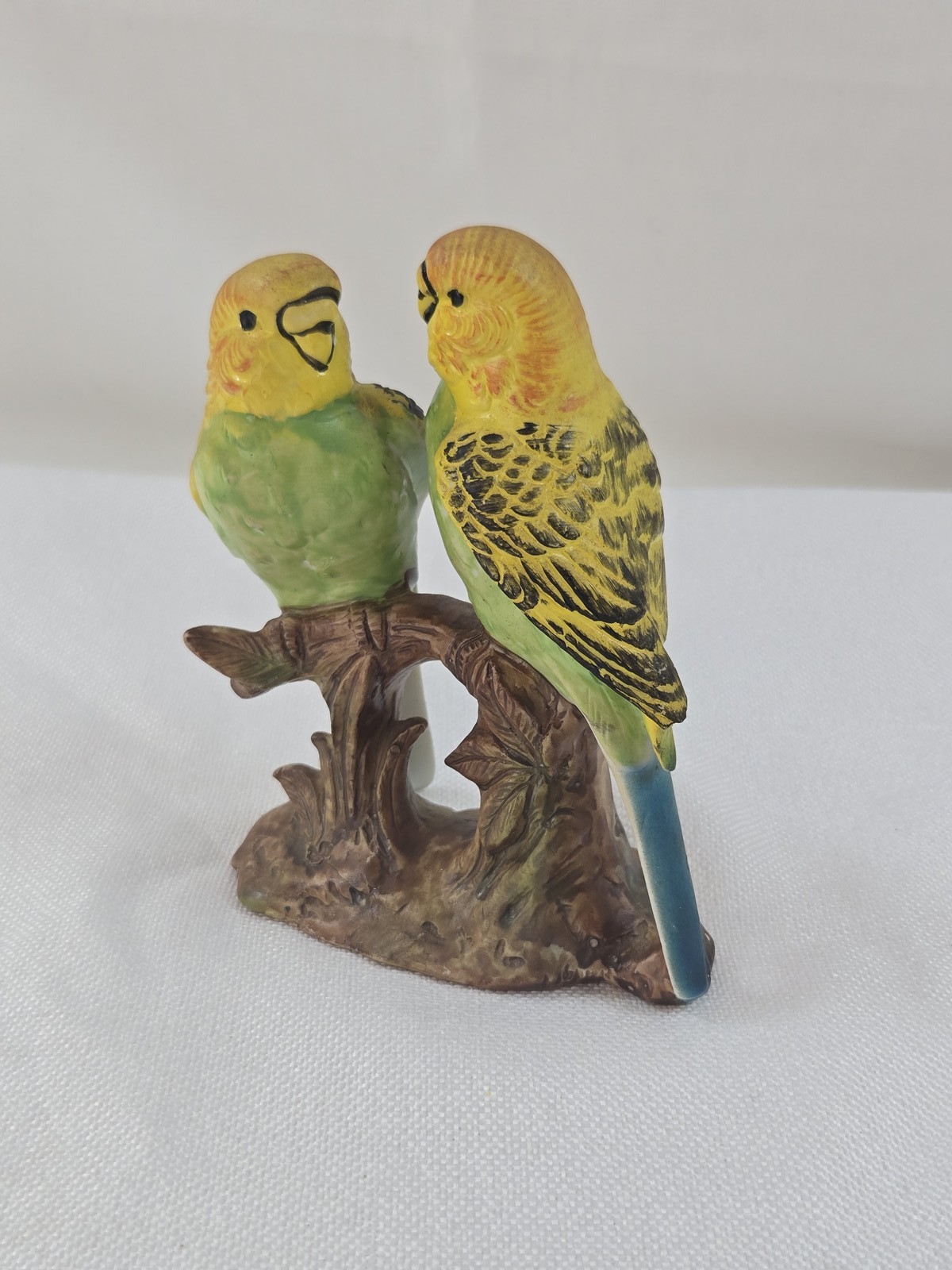 Vintage Japan Ceramic Budgies Parakeets Figurine Pair on Branch Yellow Green