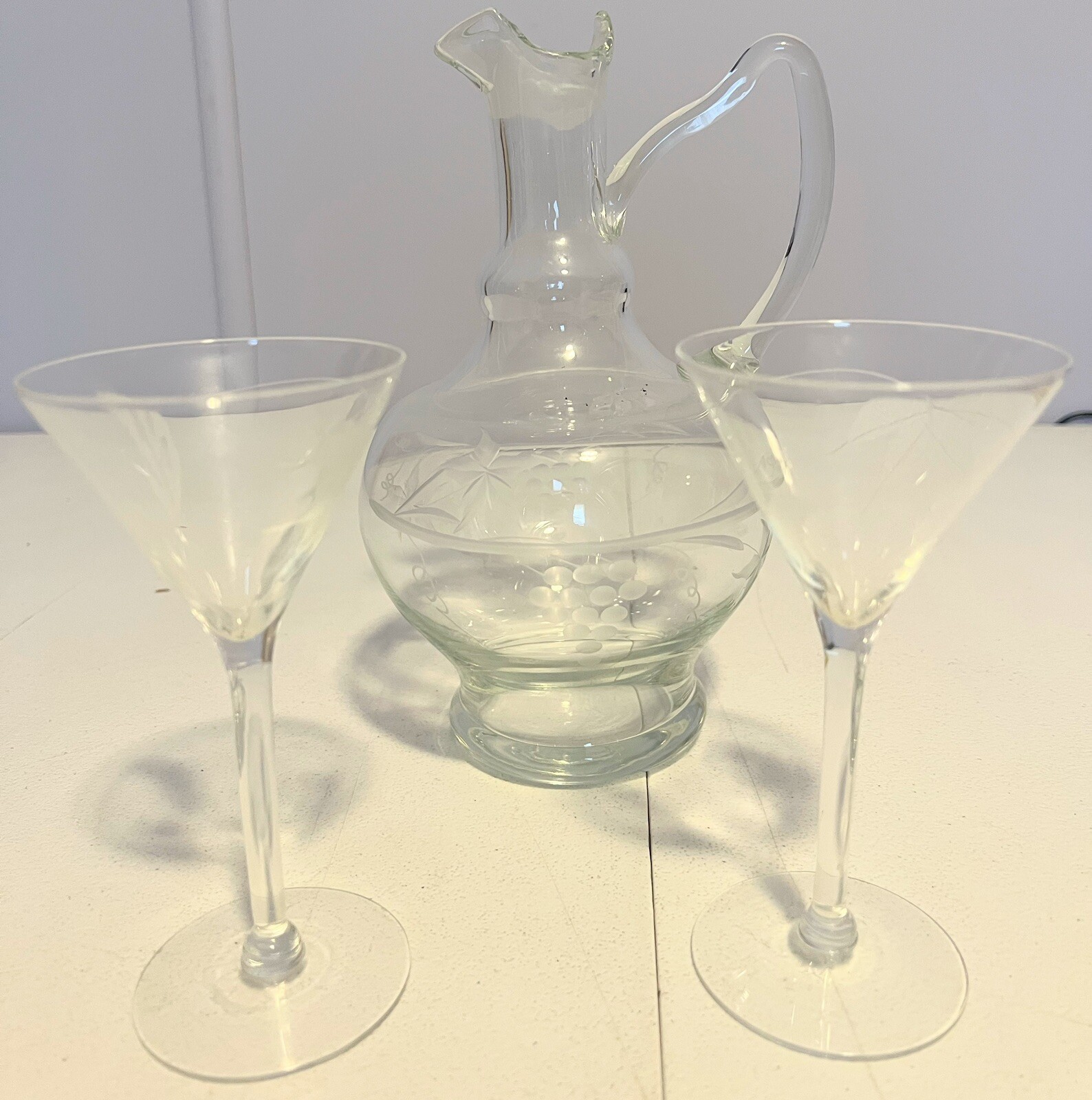 Vintage Decanter Set, Clear Etched Glass Liqueur Pitcher with 2 Glasses Rare Vintage Decanter Set, Clear Etched Glass Liqueur Pitcher with 2 Glasses Rare