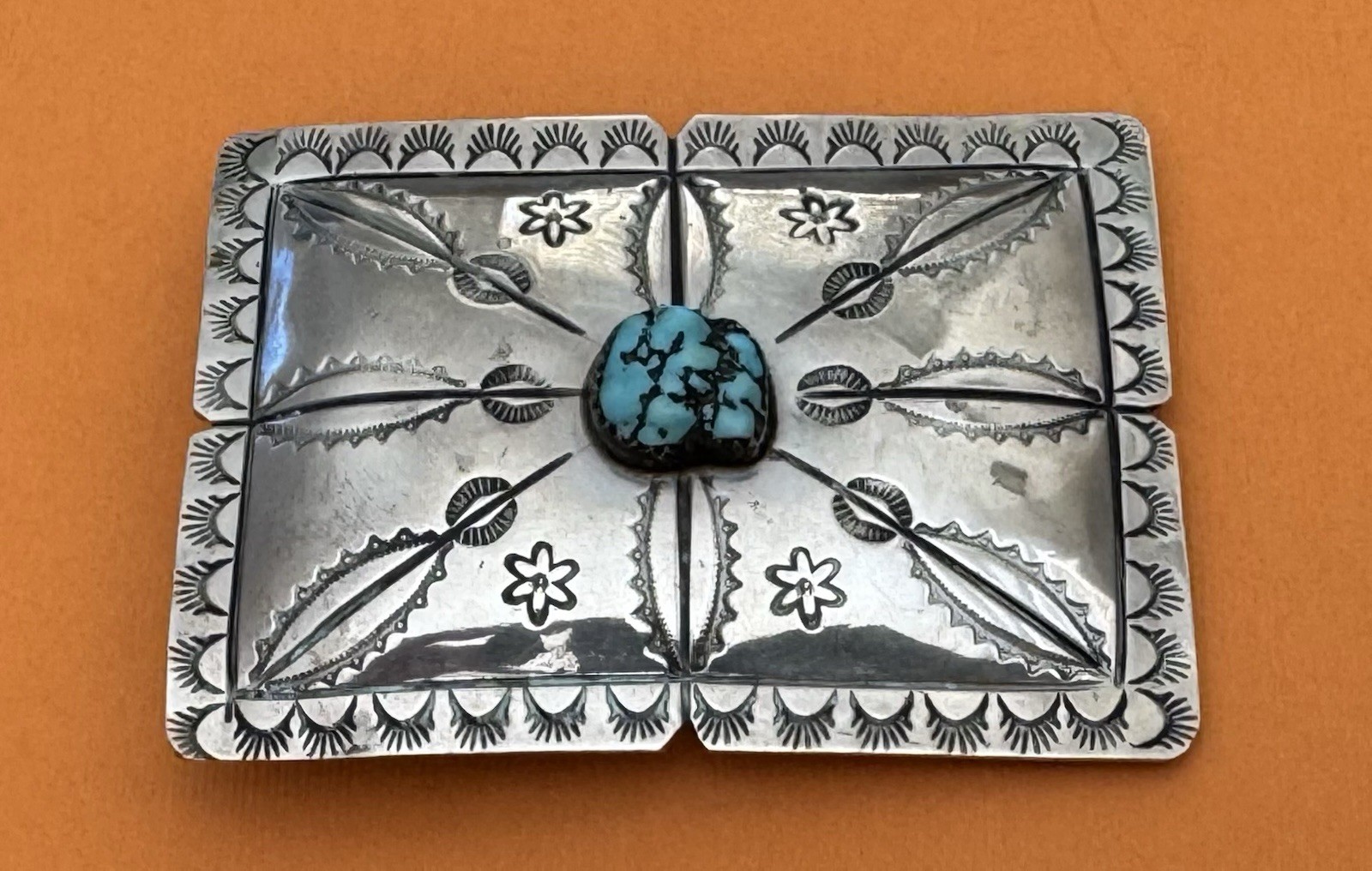VTG Signed A. L. Becenti Handcrafted Stamped Nickel Silver Turquoise Belt Buckle