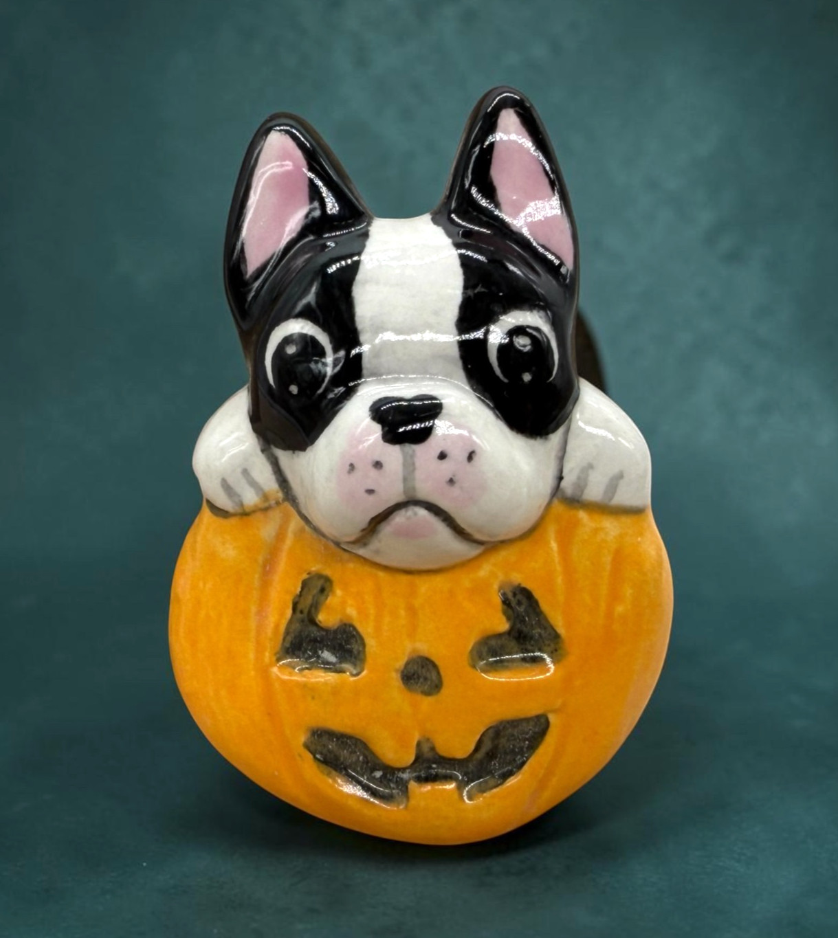 Halloween Boston Terrier Jack-o-lantern dog jewelry brooch Pin OOAK sculpture 1