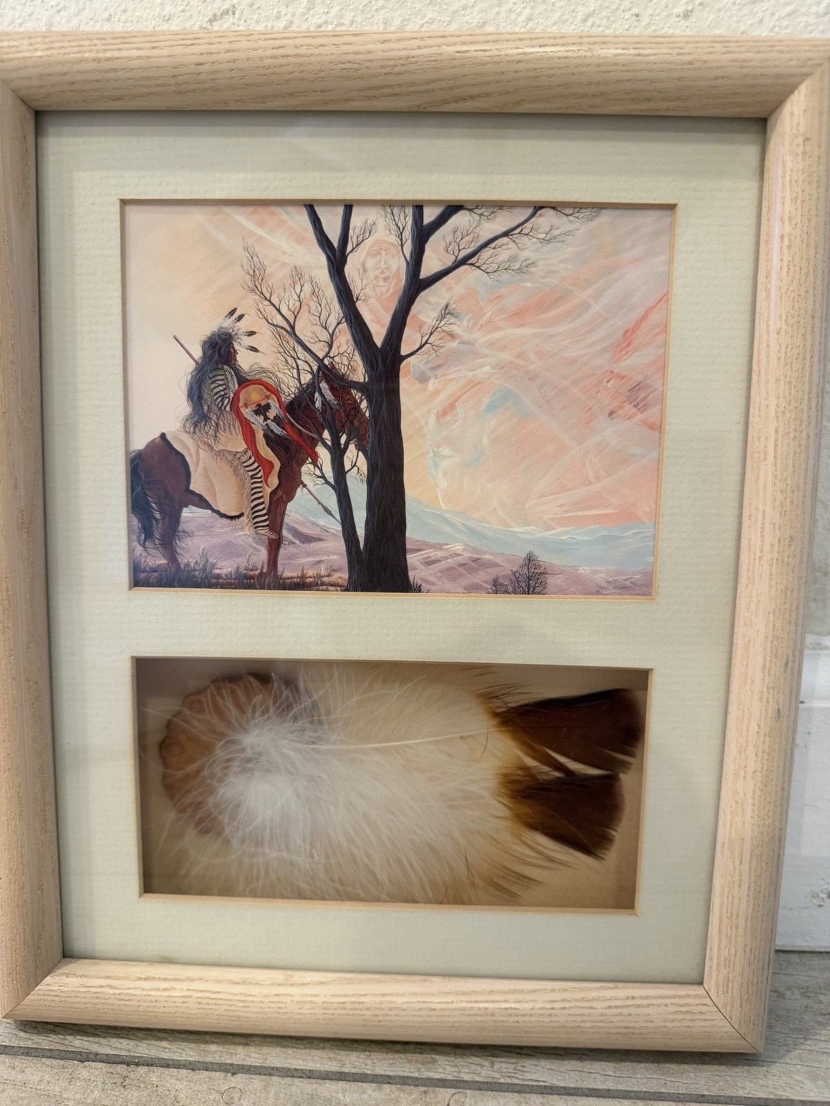 Bill Rabbit Cherokee Framed Native American Painting/Drawing w/ Feather & Info
