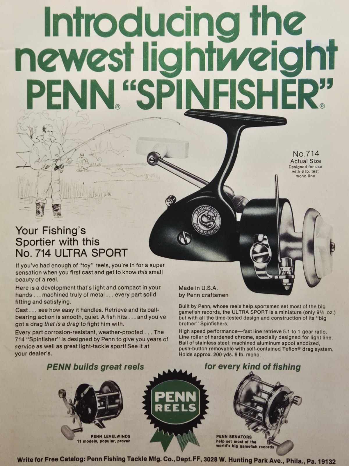 1976 Penn Reels Philadelphia PA Print Ad - №. 714 Ultra Sport Newest Lightweight