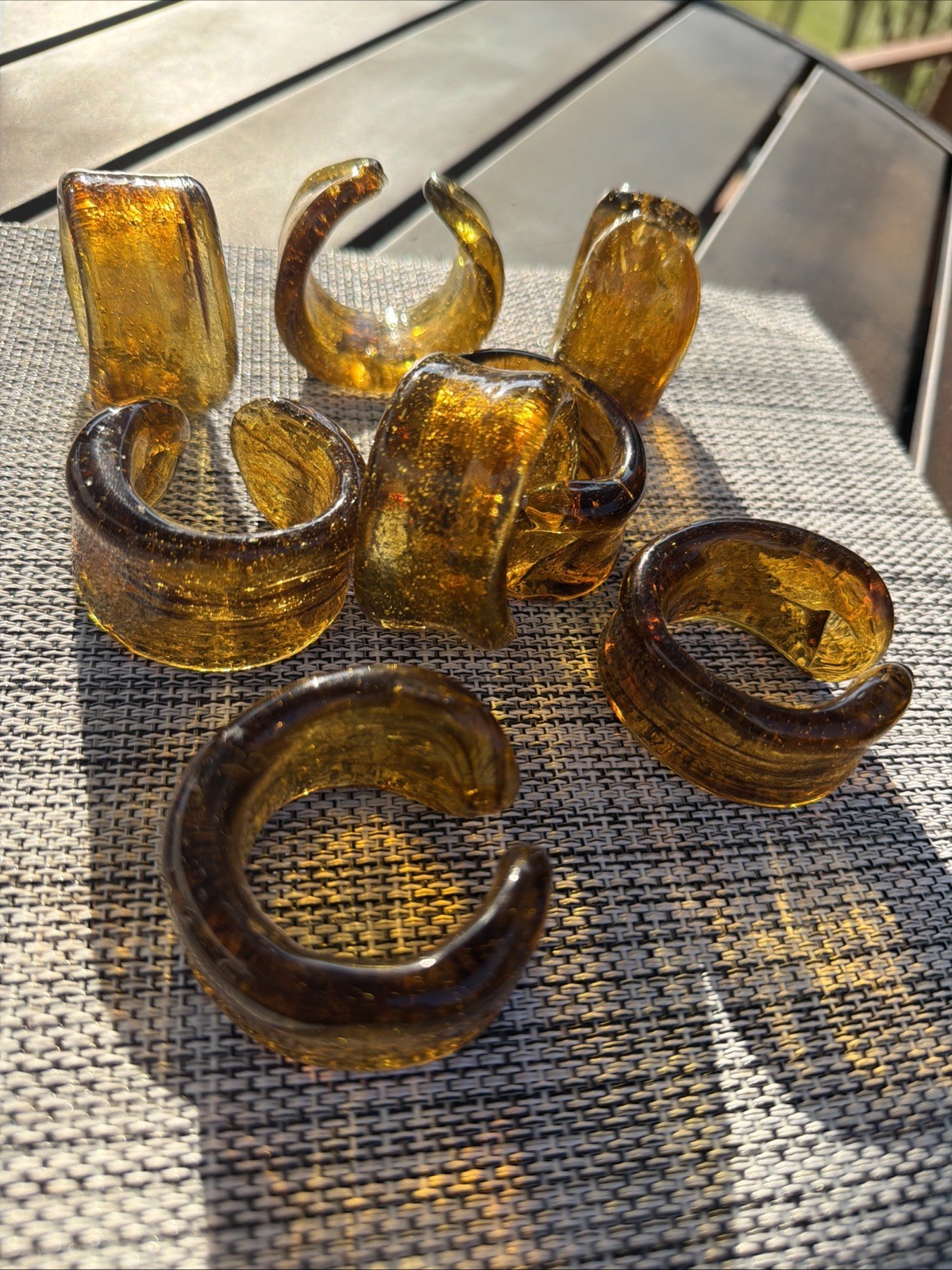 Vintage 1990s Pottery Barn Amber Glass Napkin Rings Set of 8 C Shape
