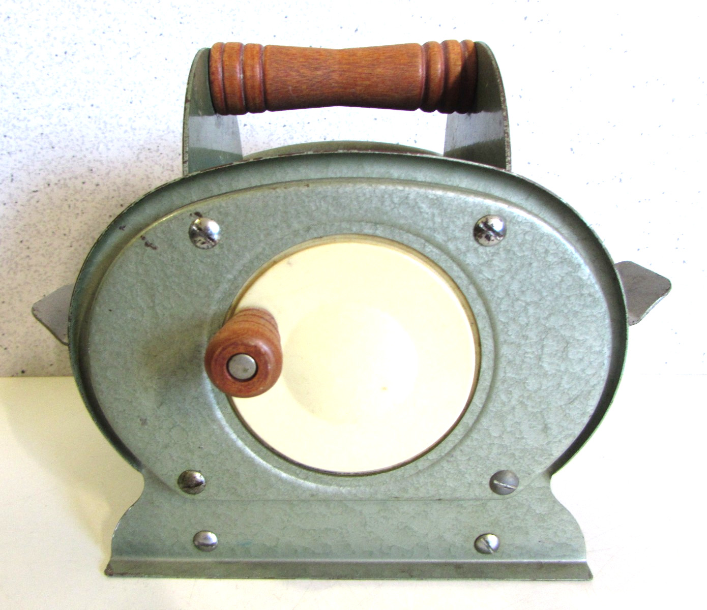 Vintage 1950s Nestor Johnson Card Shuffler Green Metal Wood Handle Hand Crank