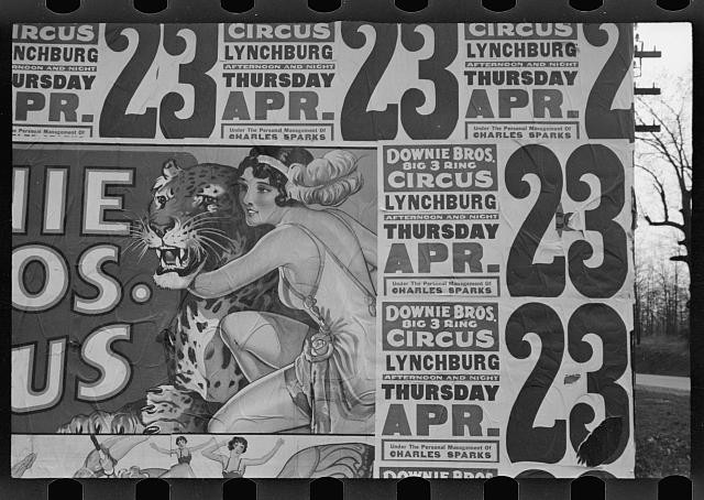 Photo:Lynchburg Virginia 1936 Downie Bros Circus Posters on Building