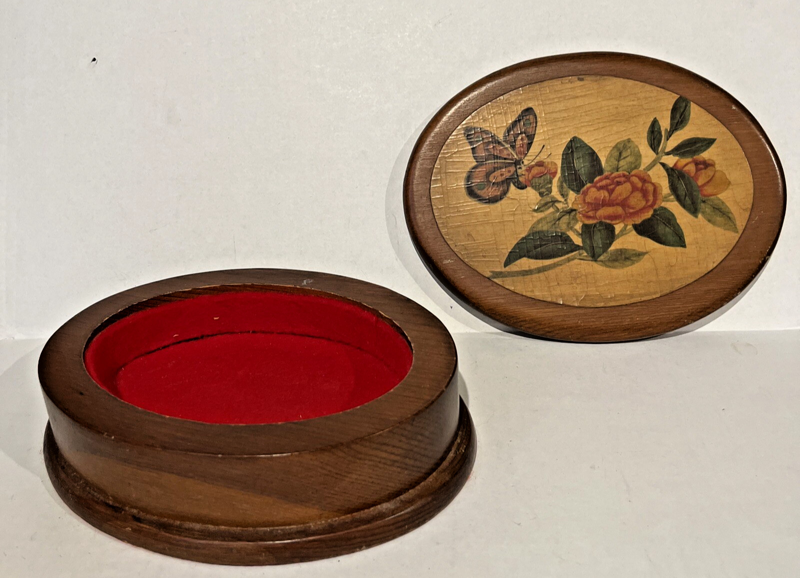 Vintage Floral Wooden Jewelry Trinket Oval Case Box Dresser Vanity Lined ..