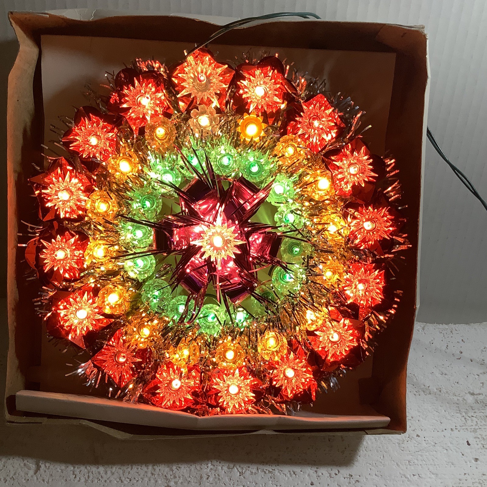 Vintage Christmas 49 Light Flashing Tree Topper Tinsel Foil Original Packaging