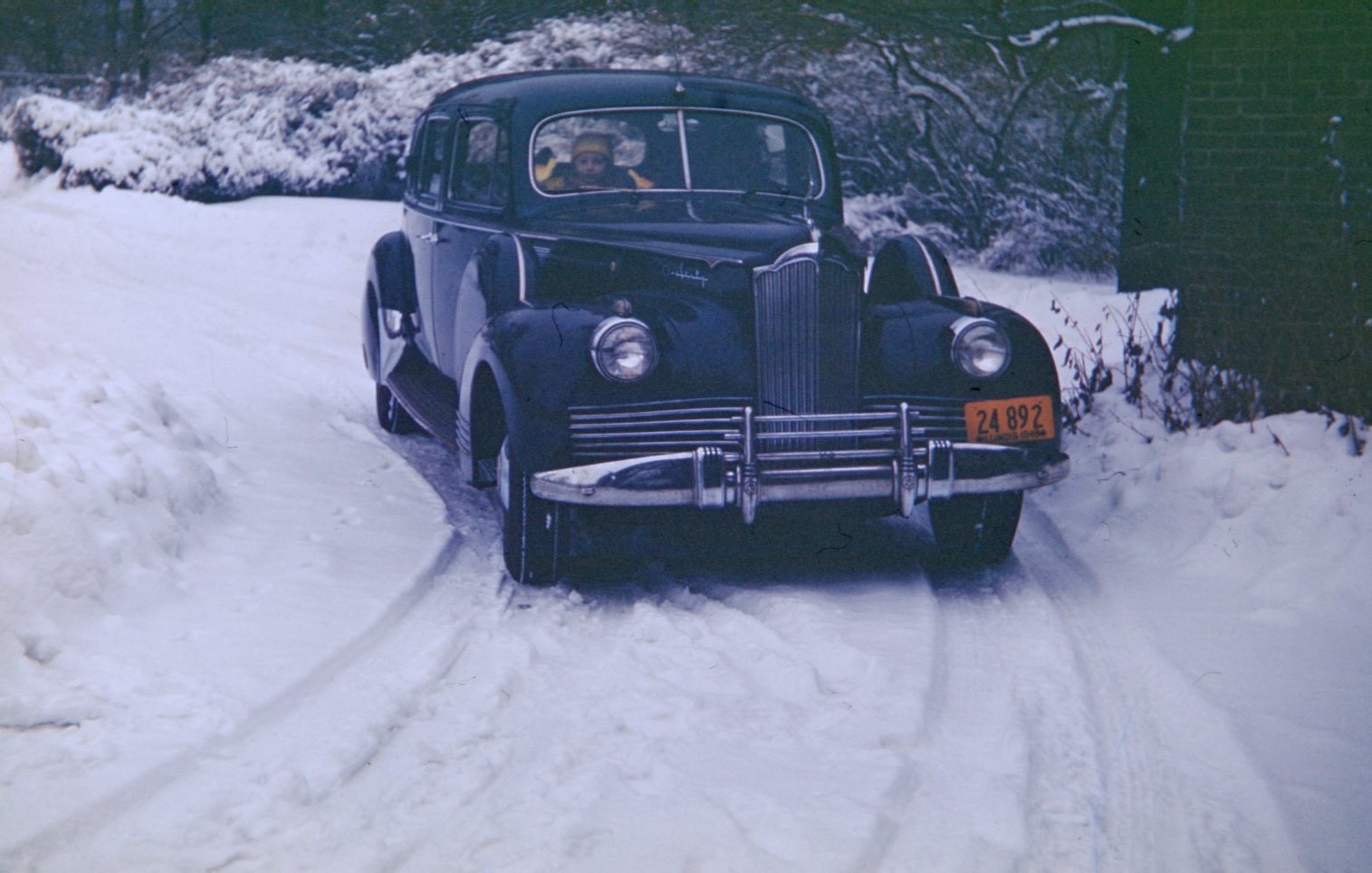 sl45 Original slide 1940’s Red Kodachrome car driveway snow 511a
