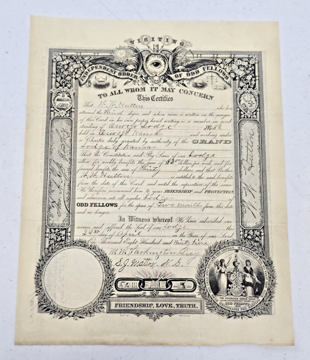 1895 Visiting Certificate Oswego Kansas Independent Order Of Odd Fellows IOOF