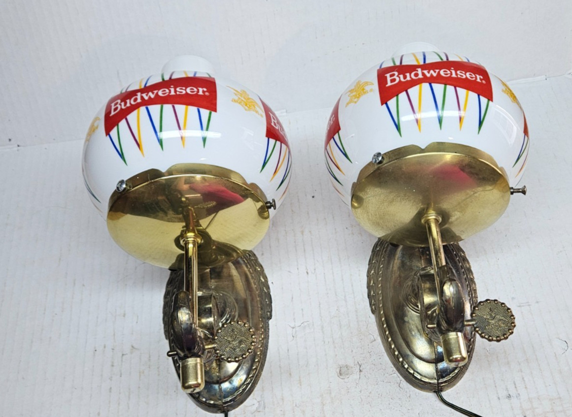 Pair (2) 1950\'s Budweiser Lighted Globe Wall Sconces Red & White Brass Both Work