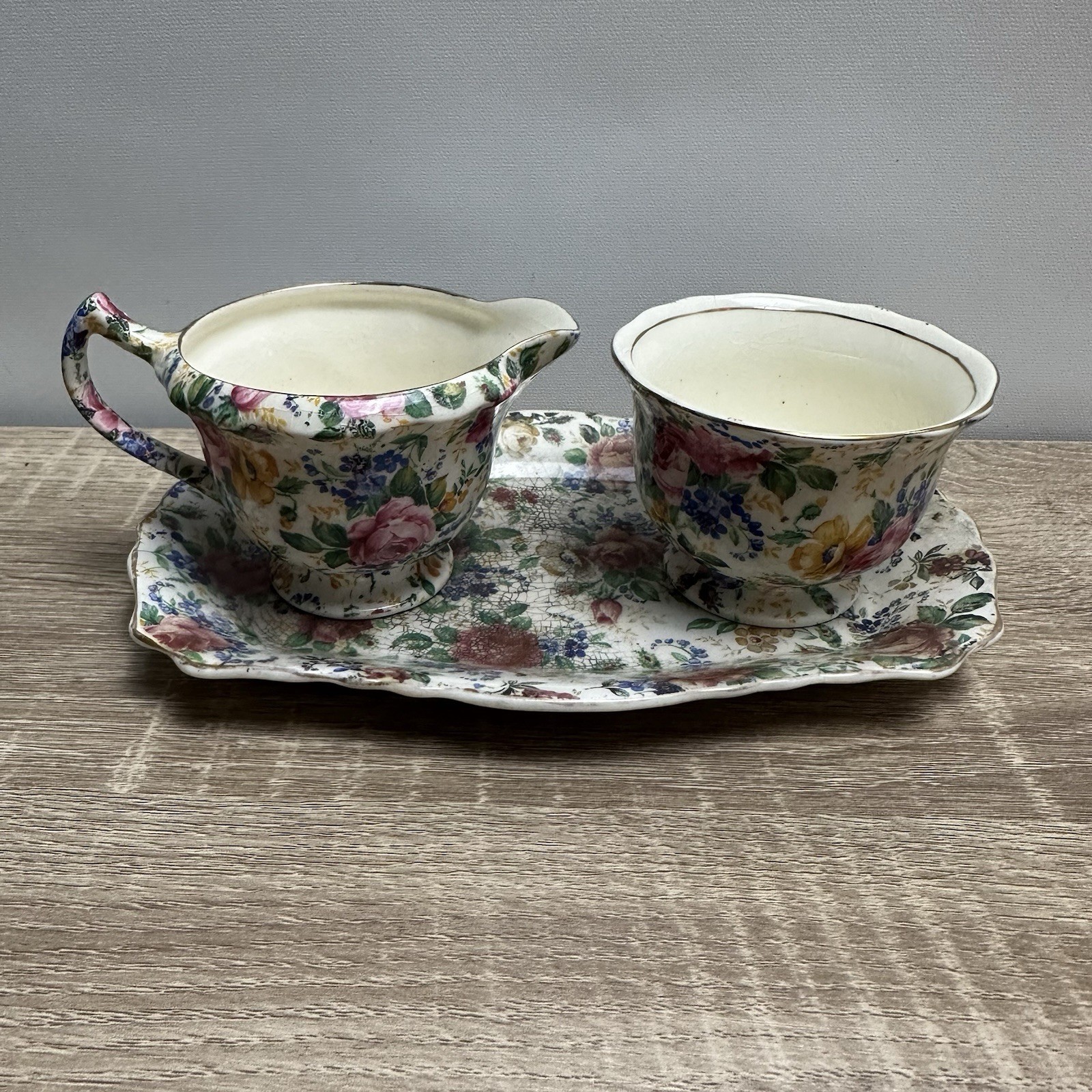 James Kent Rosalynde Chintz Creamer Sugar Bowl Tray Set England READ James Kent Rosalynde Chintz Creamer Sugar Bowl Tray Set England READ