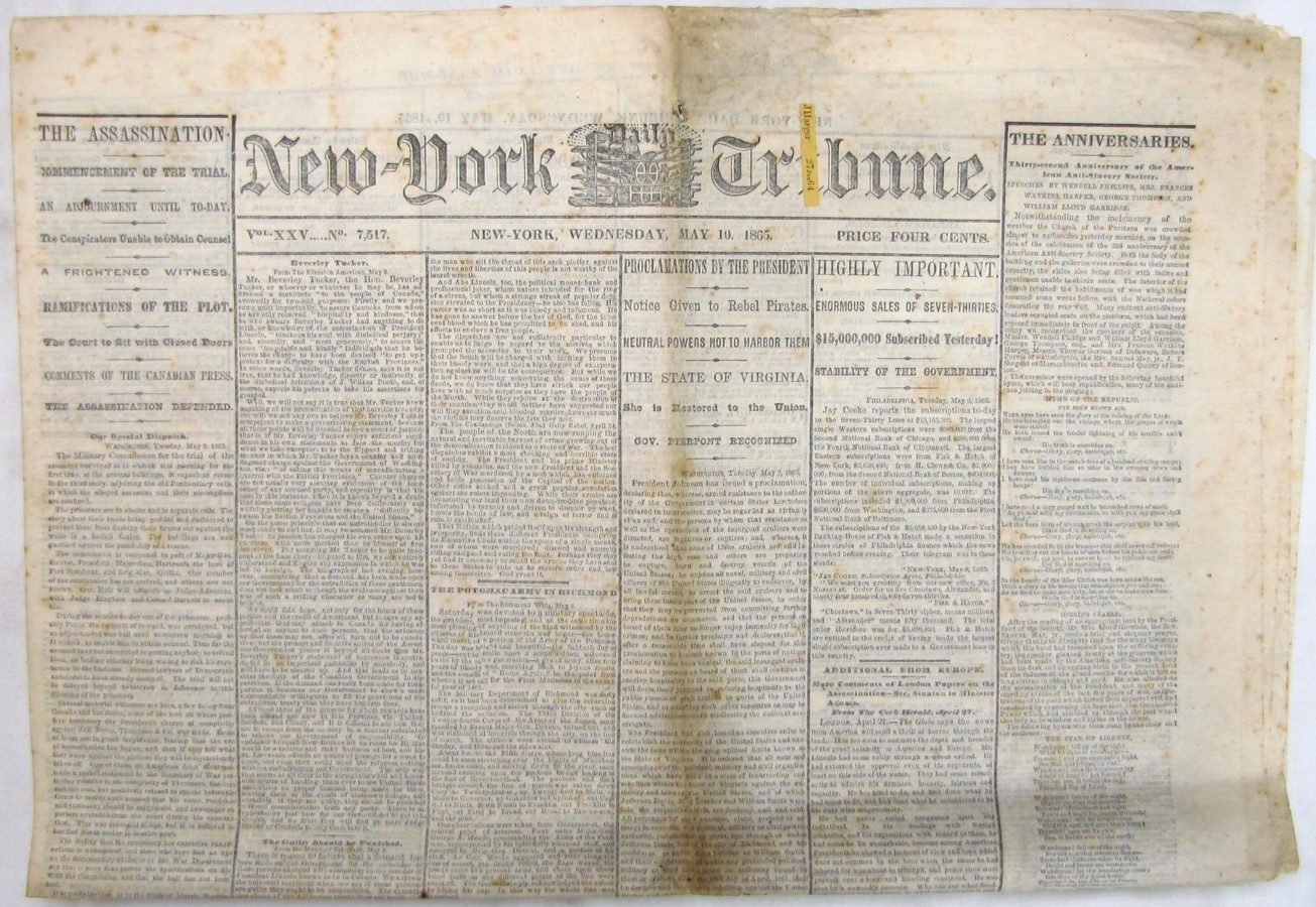 Antique 1865 Abraham Lincoln Assassination / Civil War Newspaper